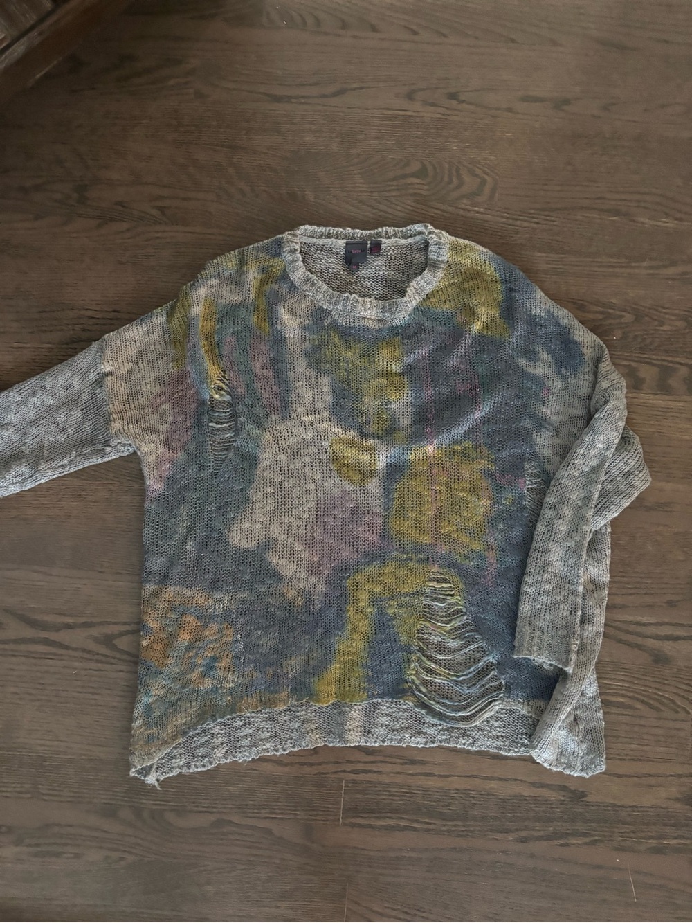 Distressed, Lightweight, Multicolor Knit Crewneck Sweater